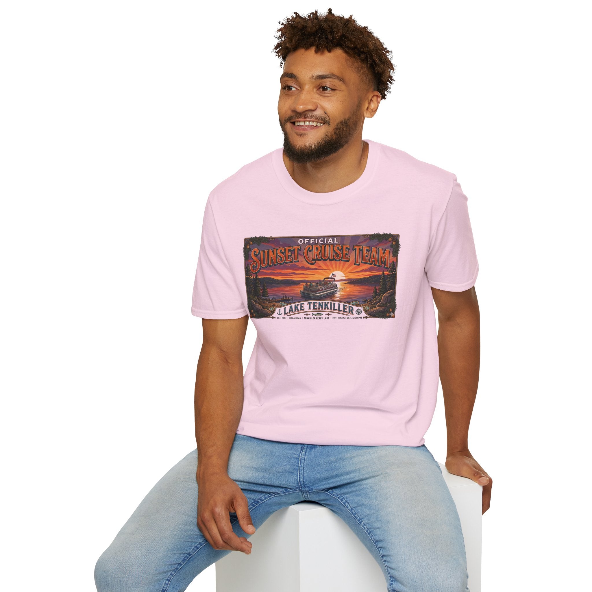 Sunset Cruise Team Lake Tenkiller T-Shirt — Retro Lake Sunset Boat Tee