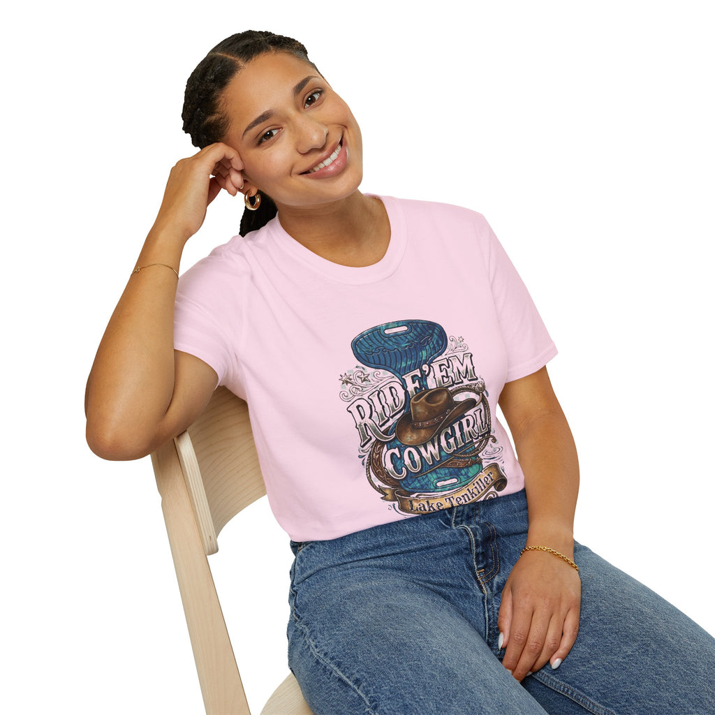 Cowgirl 'Ride 'Em' Water Saddle Graphic T-Shirt — Western Rodeo Cowboy Hat Design
