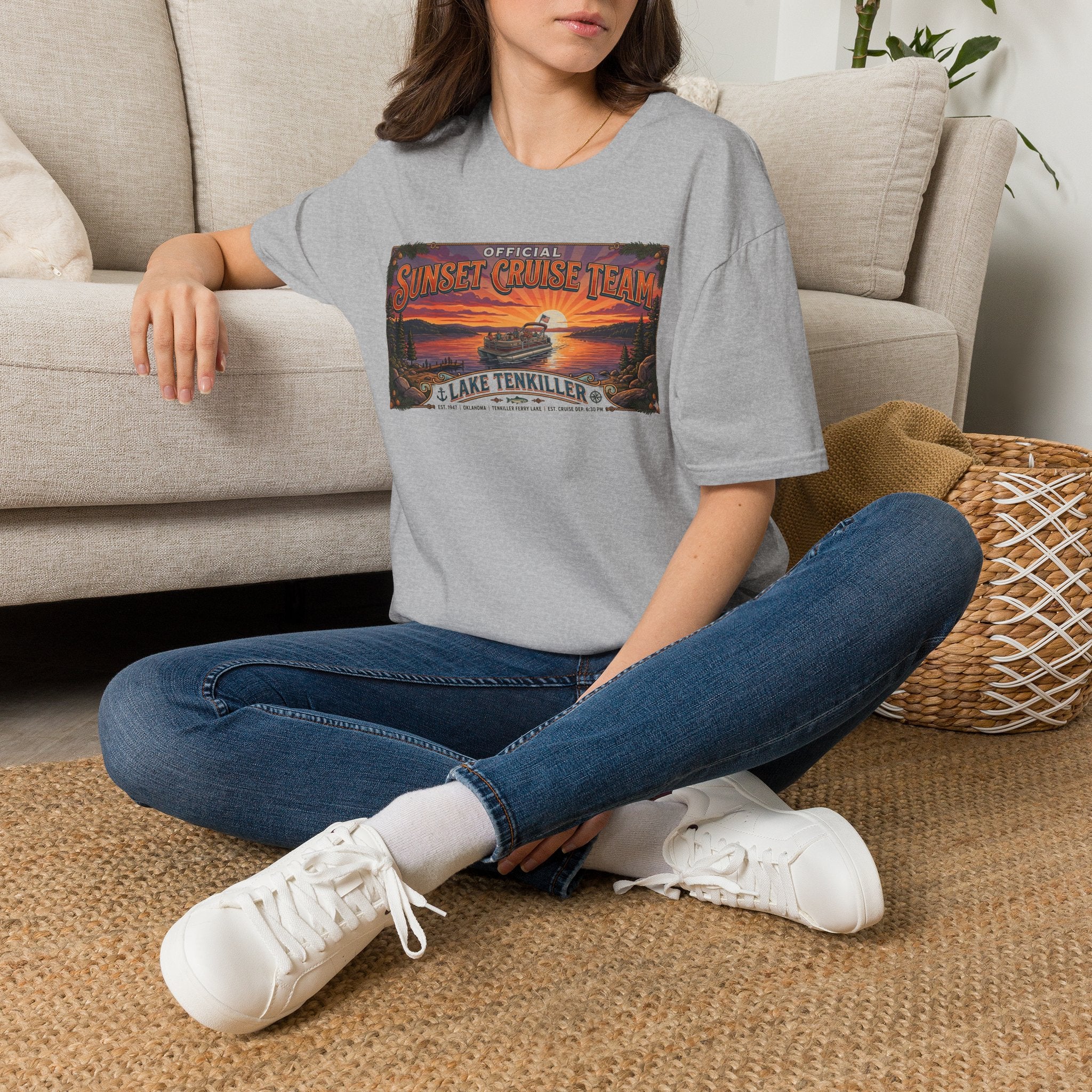 Sunset Cruise Team Lake Tenkiller T-Shirt — Retro Lake Sunset Boat Tee