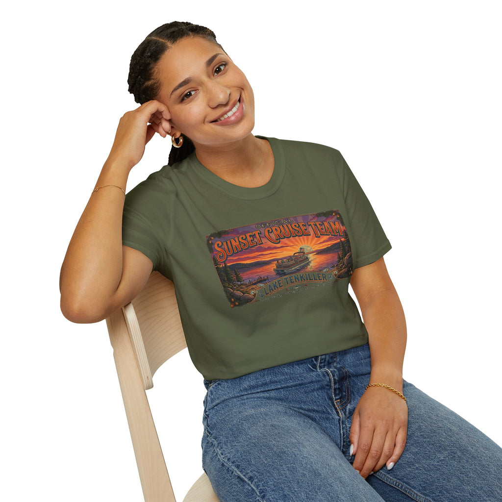 Sunset Cruise Team Lake Tenkiller T-Shirt — Retro Lake Sunset Boat Tee