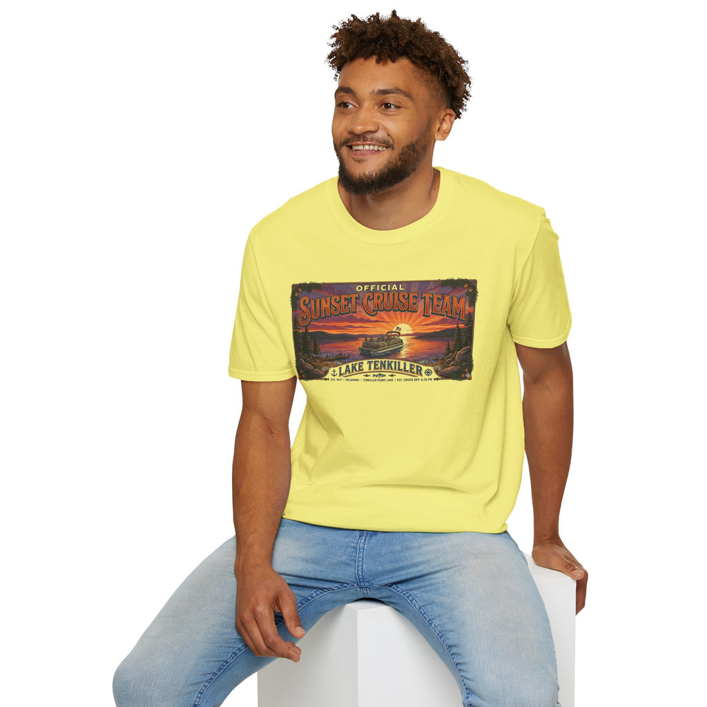 Sunset Cruise Team Lake Tenkiller T-Shirt — Retro Lake Sunset Boat Tee
