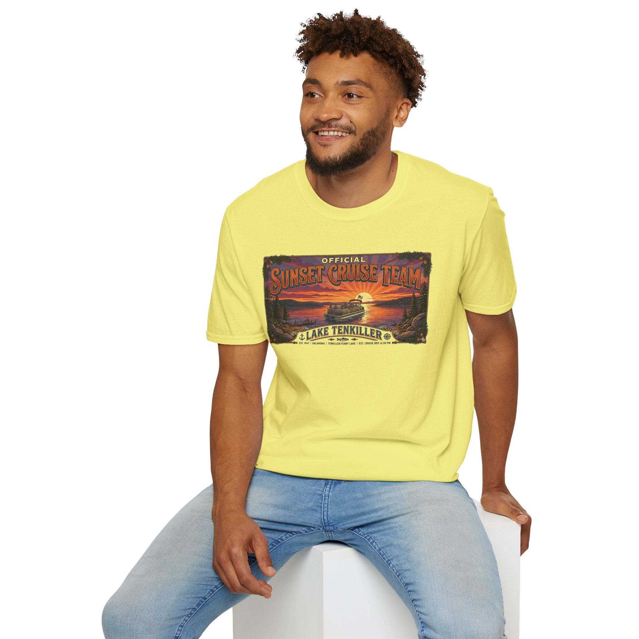 Sunset Cruise Team Lake Tenkiller T-Shirt — Retro Lake Sunset Boat Tee
