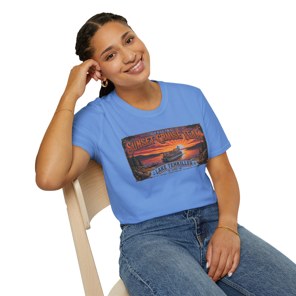 Sunset Cruise Team Lake Tenkiller T-Shirt — Retro Lake Sunset Boat Tee