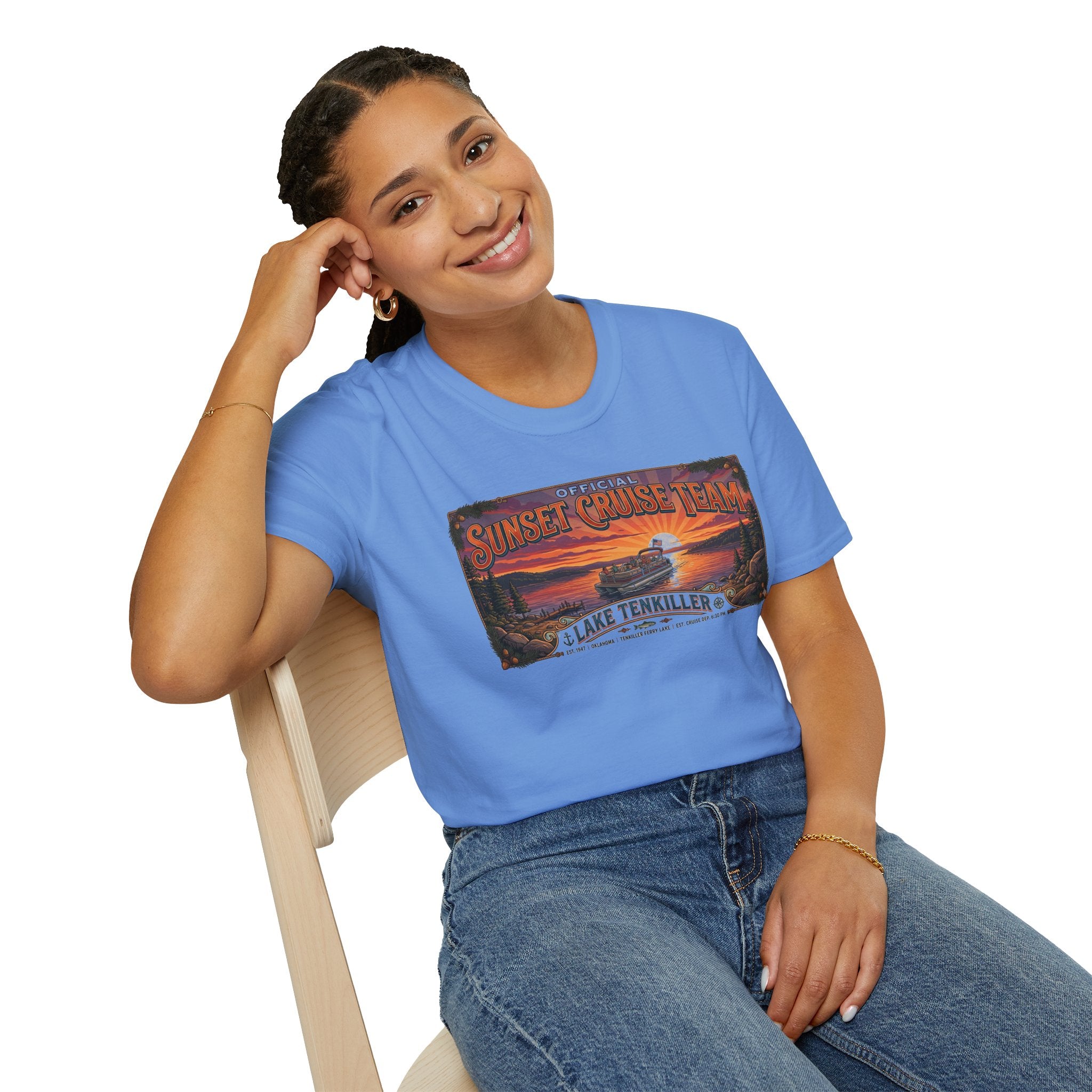 Sunset Cruise Team Lake Tenkiller T-Shirt — Retro Lake Sunset Boat Tee
