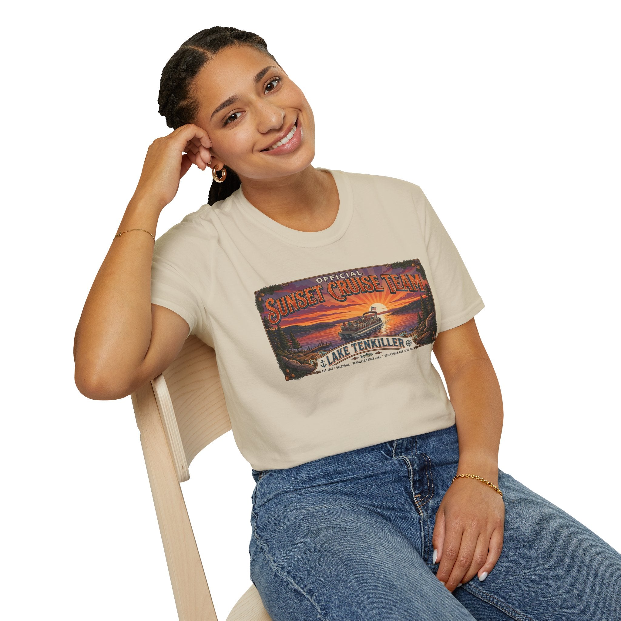 Sunset Cruise Team Lake Tenkiller T-Shirt — Retro Lake Sunset Boat Tee