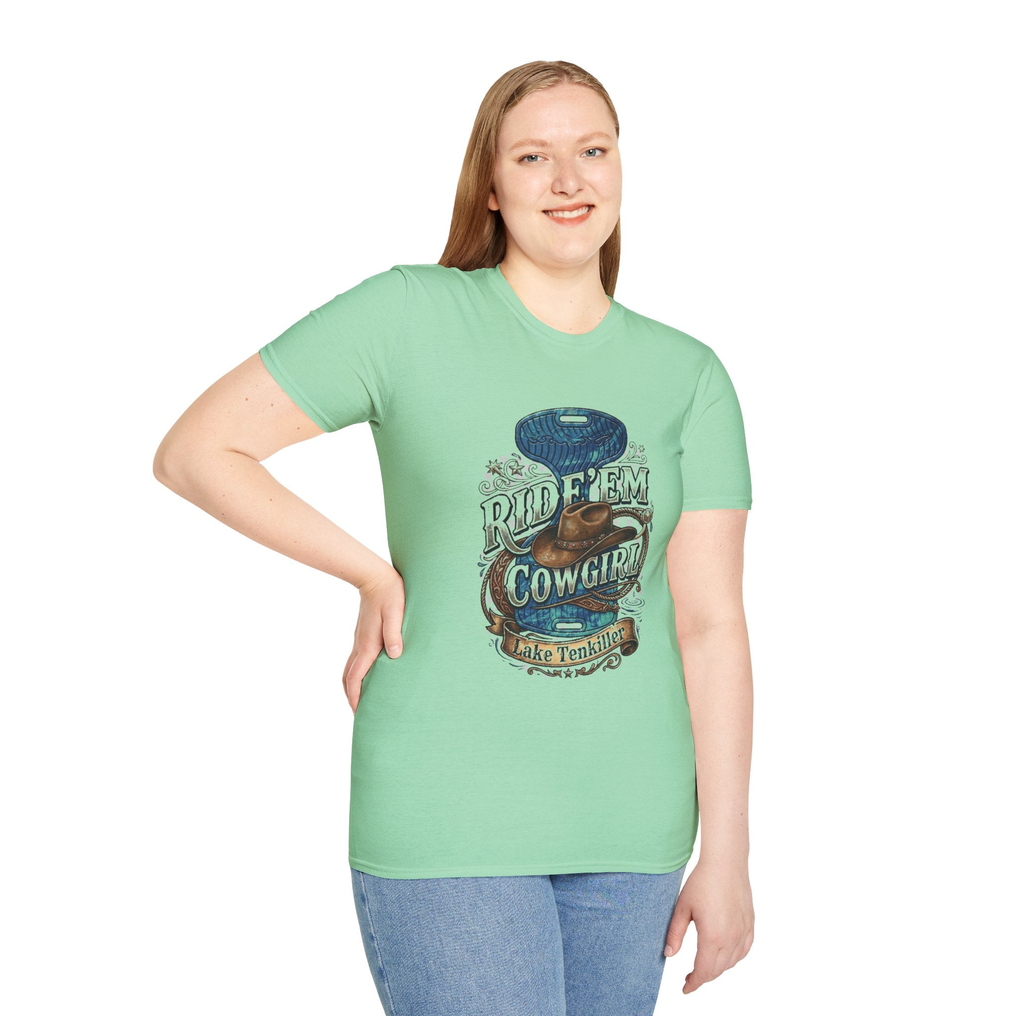 Cowgirl 'Ride 'Em' Water Saddle Graphic T-Shirt — Western Rodeo Cowboy Hat Design