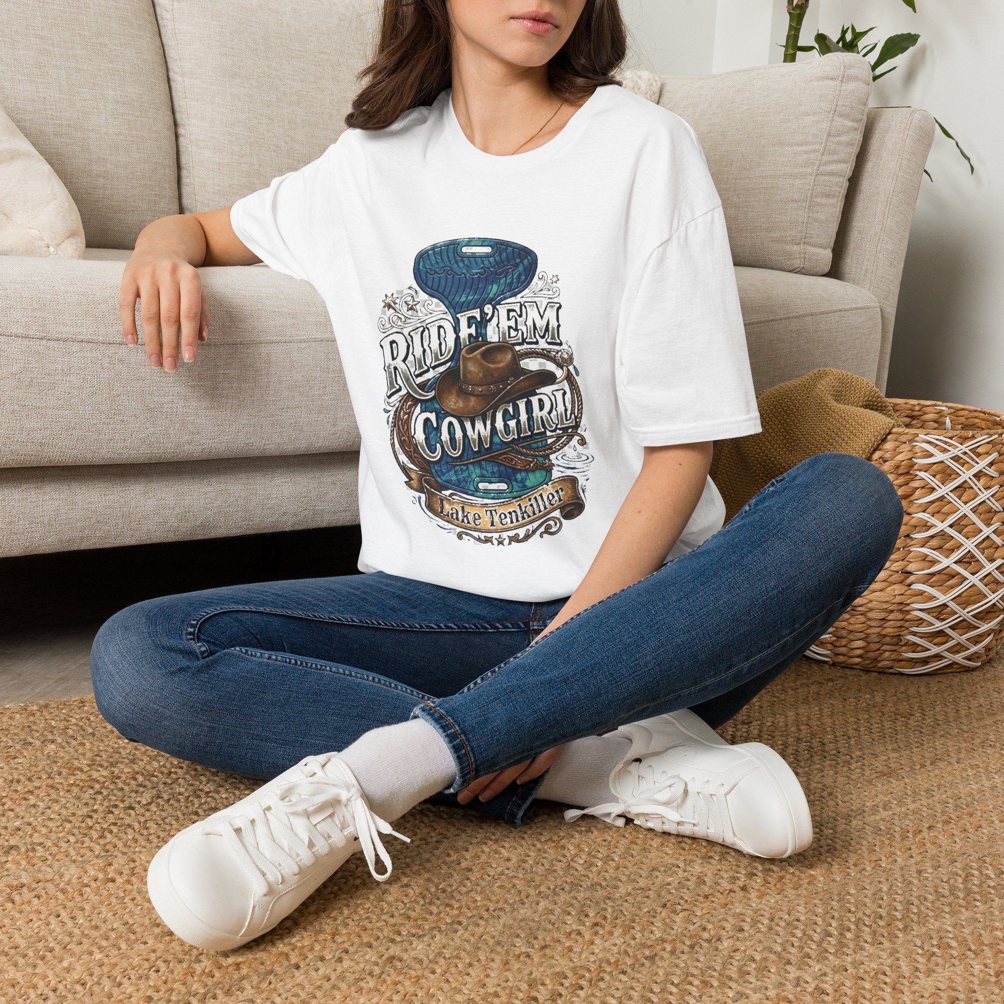 Cowgirl 'Ride 'Em' Water Saddle Graphic T-Shirt — Western Rodeo Cowboy Hat Design