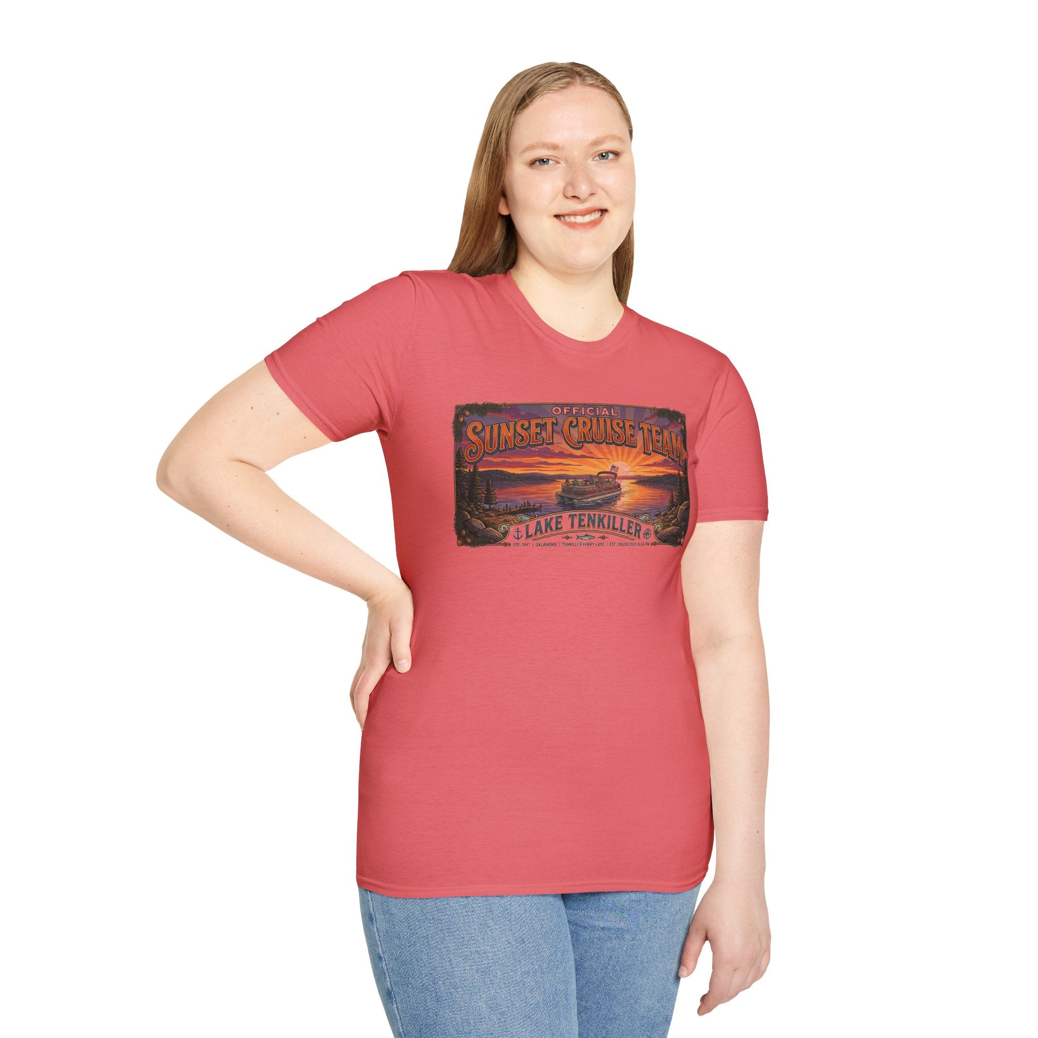 Sunset Cruise Team Lake Tenkiller T-Shirt — Retro Lake Sunset Boat Tee