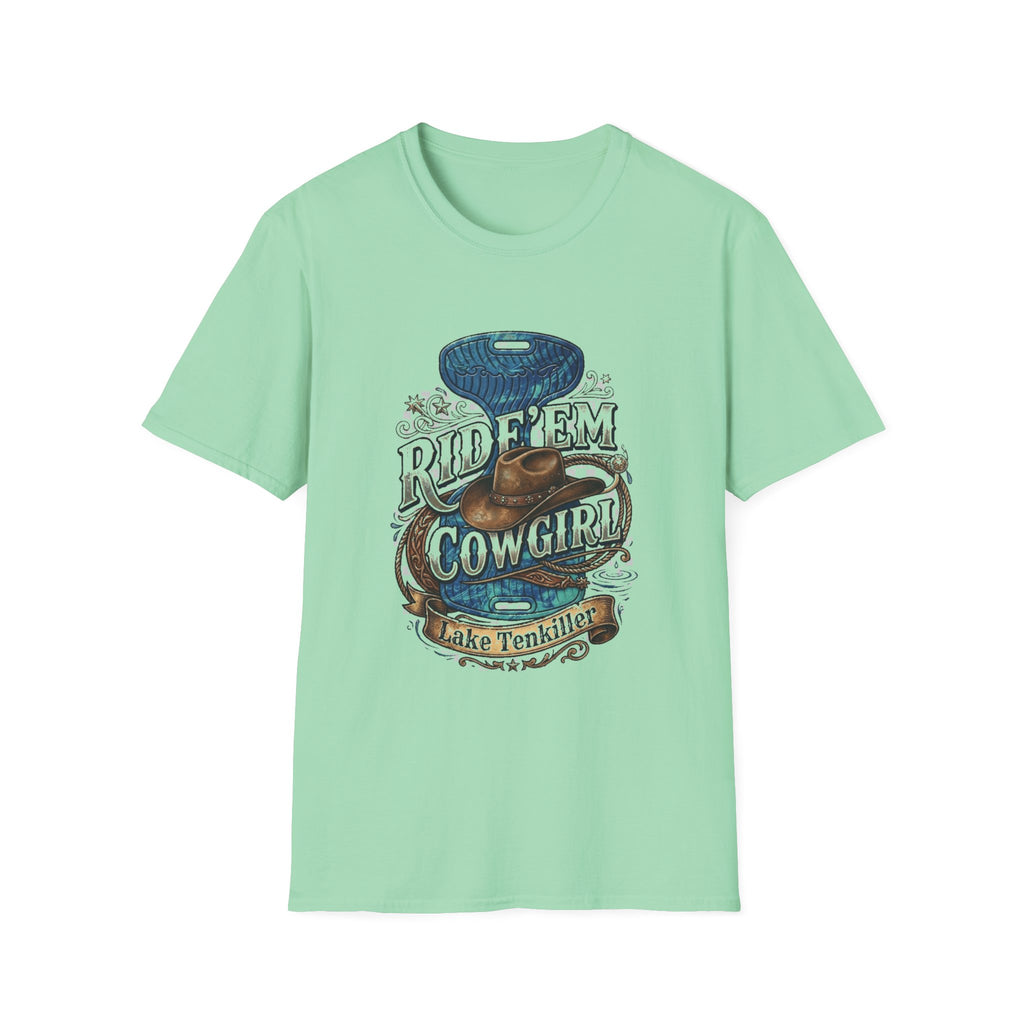 Cowgirl 'Ride 'Em' Water Saddle Graphic T-Shirt — Western Rodeo Cowboy Hat Design