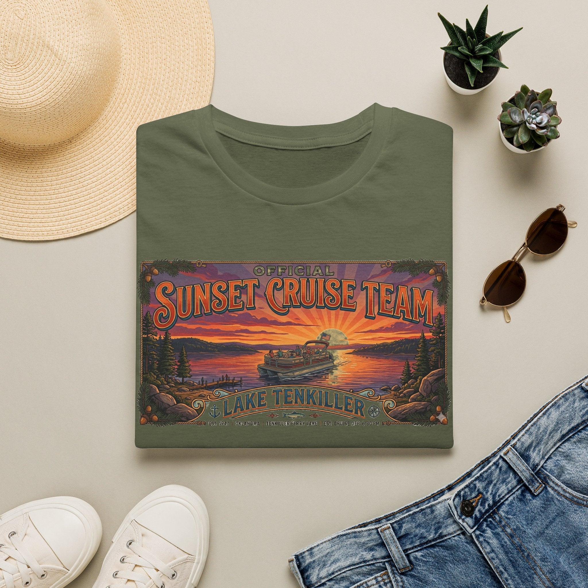 Sunset Cruise Team Lake Tenkiller T-Shirt — Retro Lake Sunset Boat Tee
