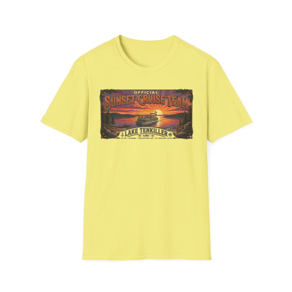 Sunset Cruise Team Lake Tenkiller T-Shirt — Retro Lake Sunset Boat Tee