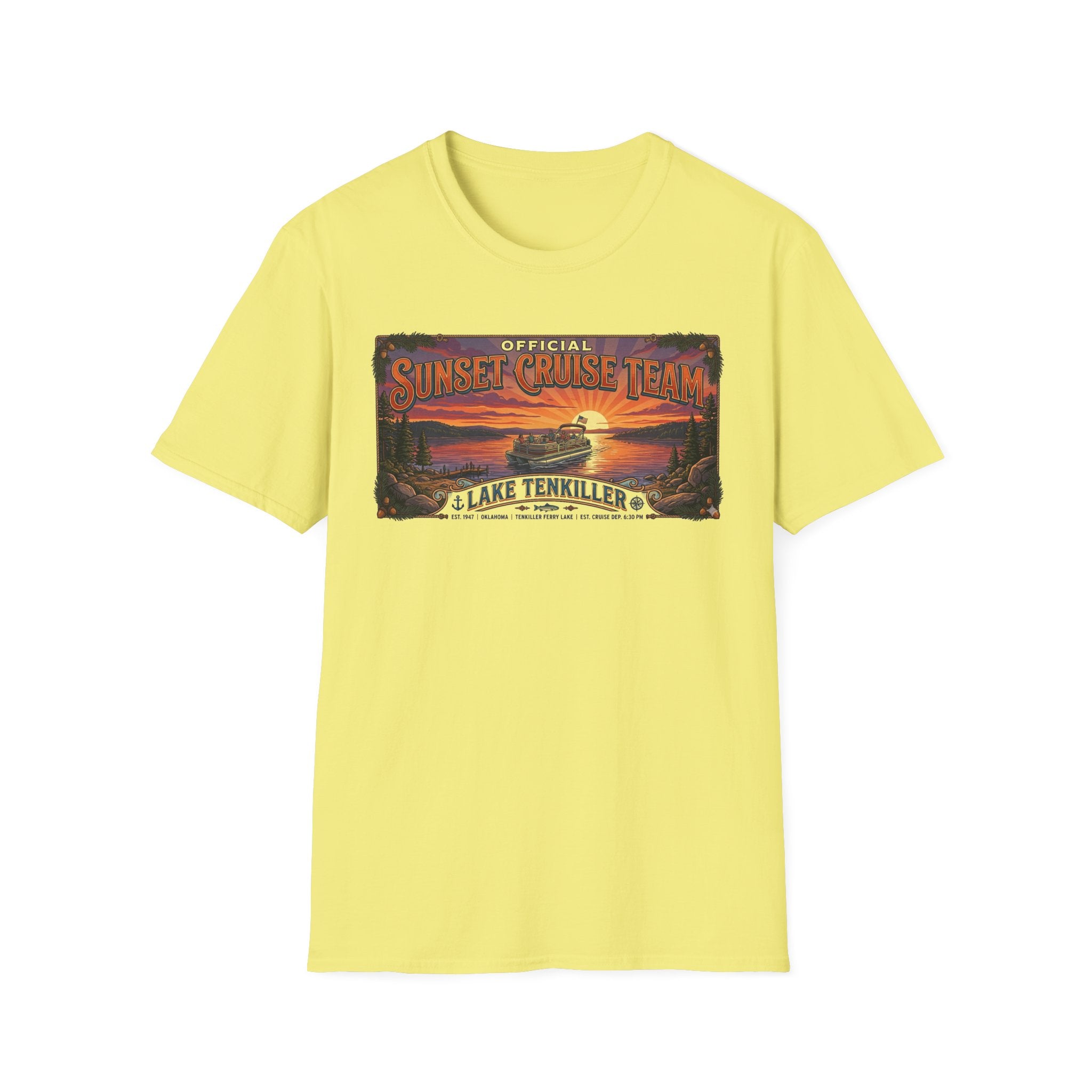 Sunset Cruise Team Lake Tenkiller T-Shirt — Retro Lake Sunset Boat Tee