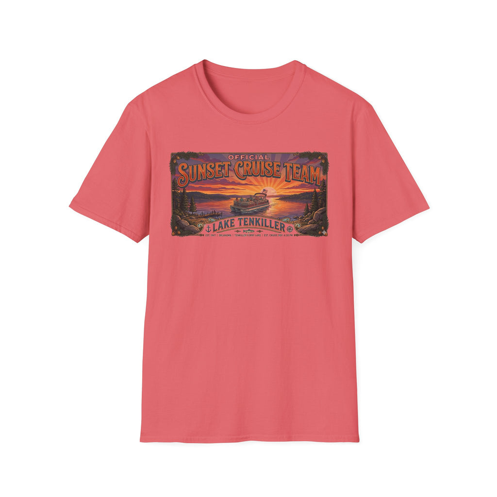 Sunset Cruise Team Lake Tenkiller T-Shirt — Retro Lake Sunset Boat Tee