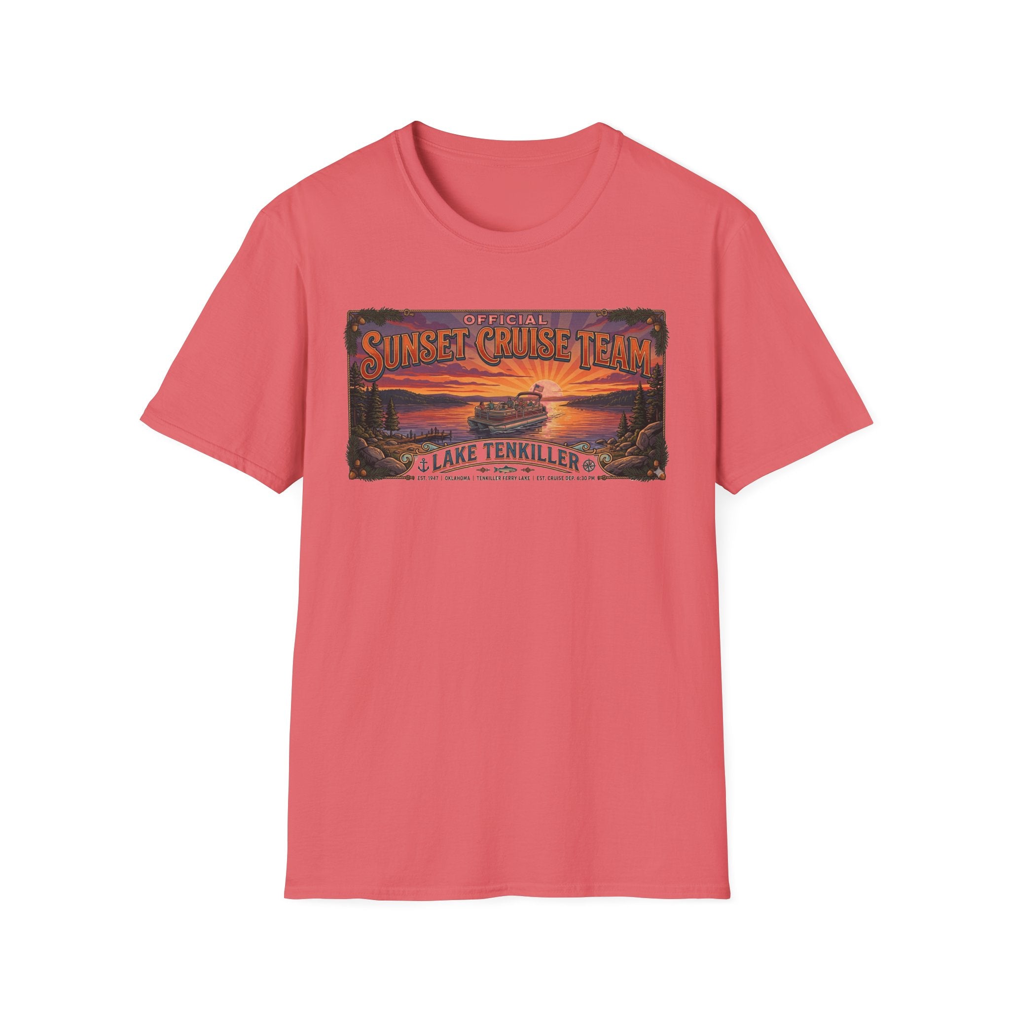 Sunset Cruise Team Lake Tenkiller T-Shirt — Retro Lake Sunset Boat Tee