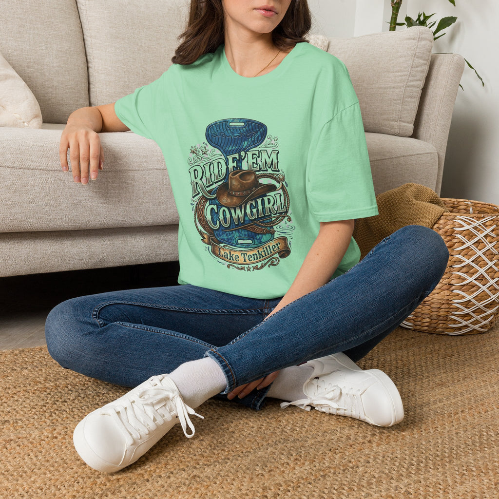 Cowgirl 'Ride 'Em' Water Saddle Graphic T-Shirt — Western Rodeo Cowboy Hat Design