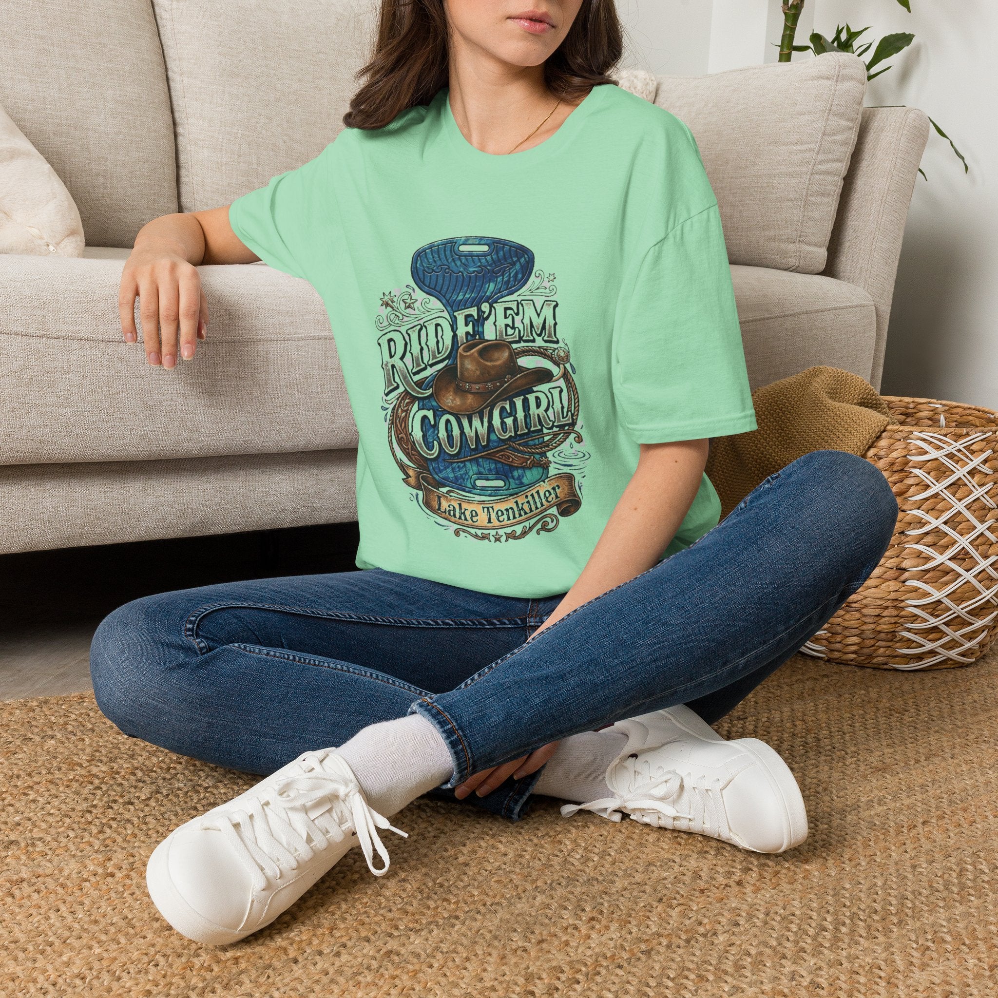 Cowgirl 'Ride 'Em' Water Saddle Graphic T-Shirt — Western Rodeo Cowboy Hat Design
