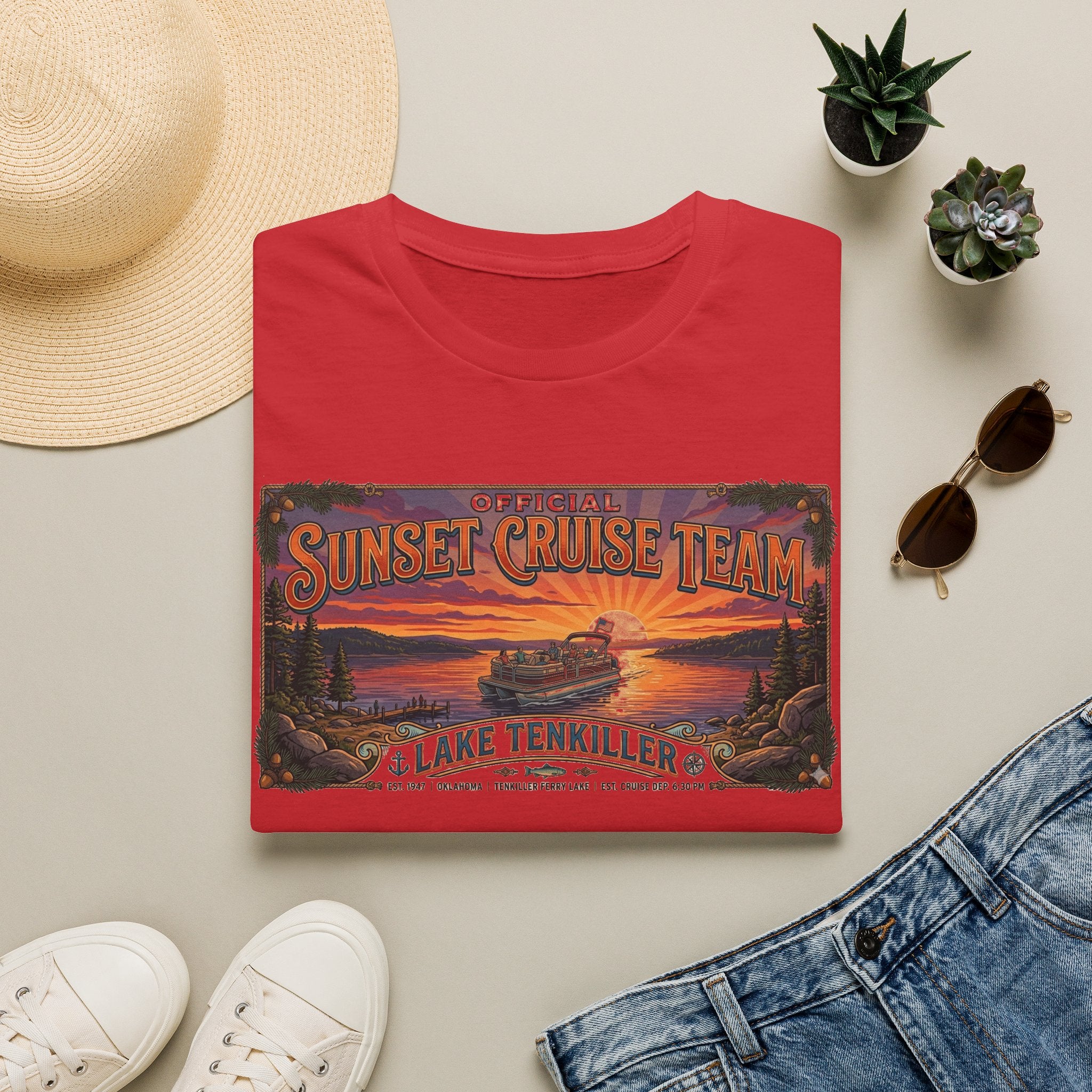 Sunset Cruise Team Lake Tenkiller T-Shirt — Retro Lake Sunset Boat Tee