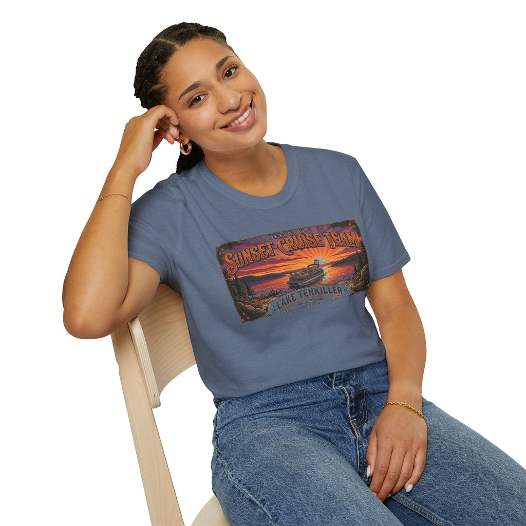 Sunset Cruise Team Lake Tenkiller T-Shirt — Retro Lake Sunset Boat Tee