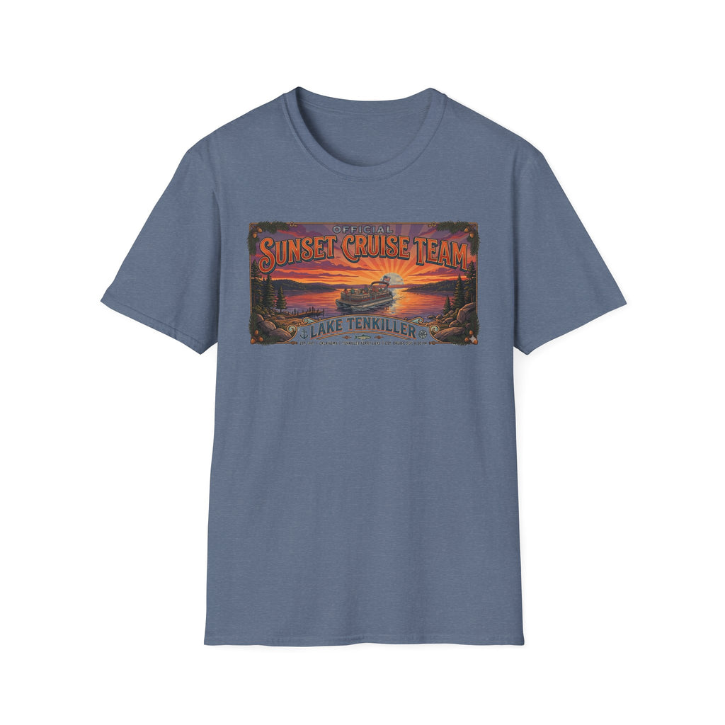 Sunset Cruise Team Lake Tenkiller T-Shirt — Retro Lake Sunset Boat Tee