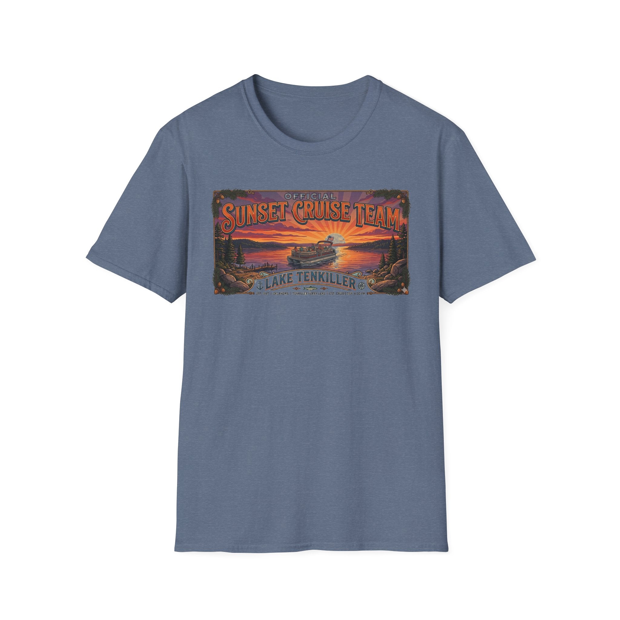 Sunset Cruise Team Lake Tenkiller T-Shirt — Retro Lake Sunset Boat Tee