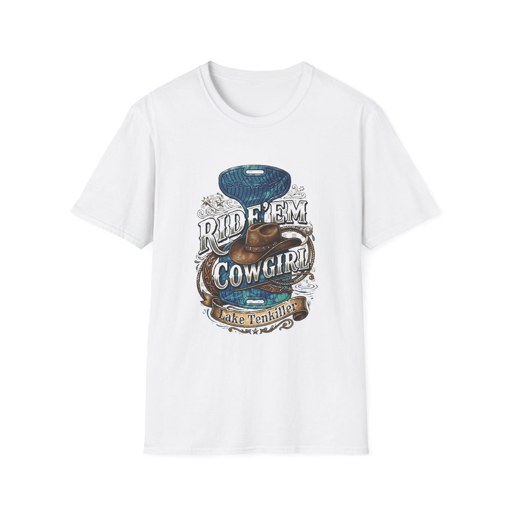 Cowgirl 'Ride 'Em' Water Saddle Graphic T-Shirt — Western Rodeo Cowboy Hat Design