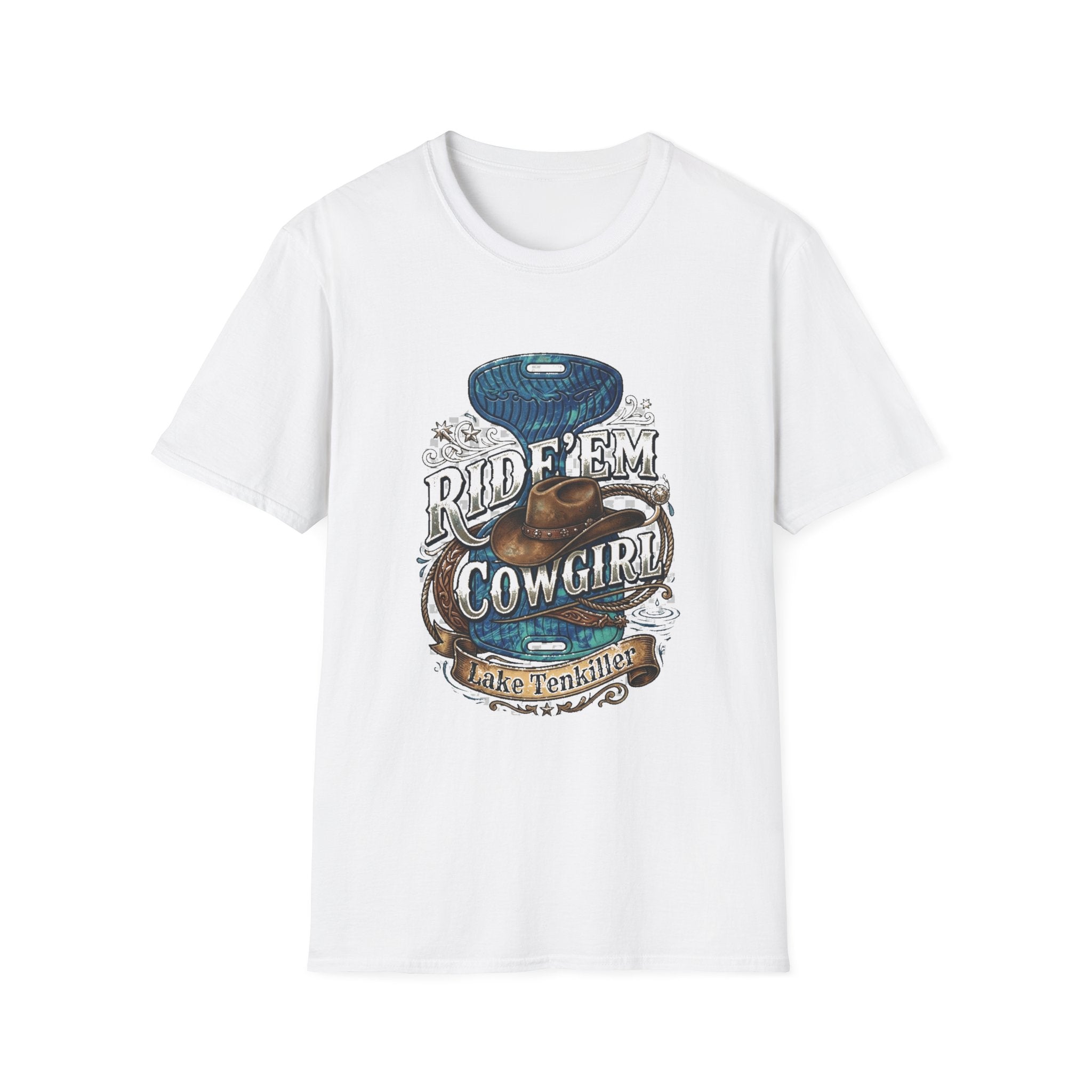 Cowgirl 'Ride 'Em' Water Saddle Graphic T-Shirt — Western Rodeo Cowboy Hat Design