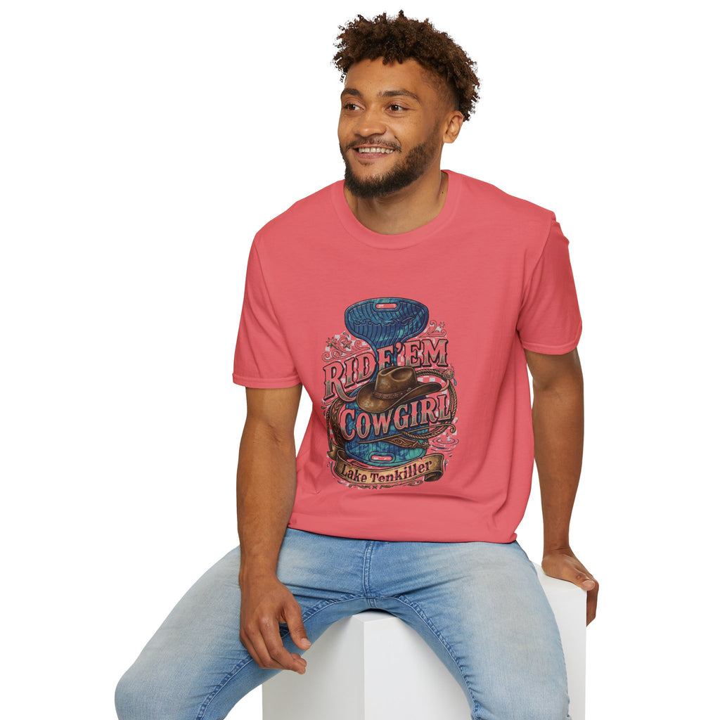 Cowgirl 'Ride 'Em' Water Saddle Graphic T-Shirt — Western Rodeo Cowboy Hat Design