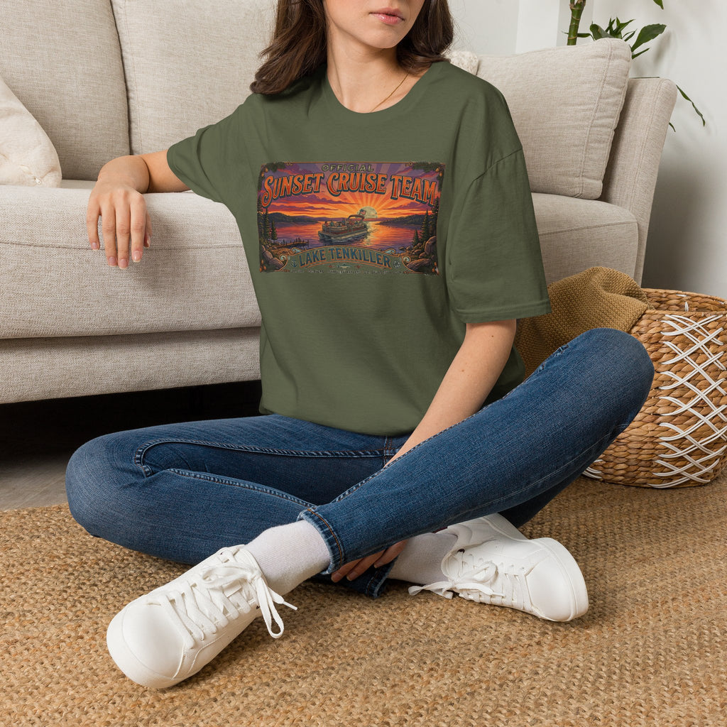 Sunset Cruise Team Lake Tenkiller T-Shirt — Retro Lake Sunset Boat Tee