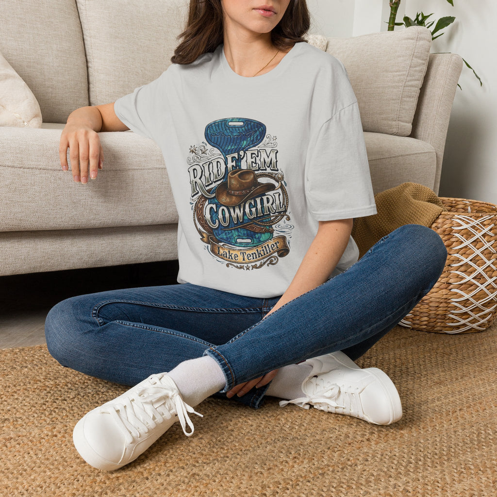 Cowgirl 'Ride 'Em' Water Saddle Graphic T-Shirt — Western Rodeo Cowboy Hat Design