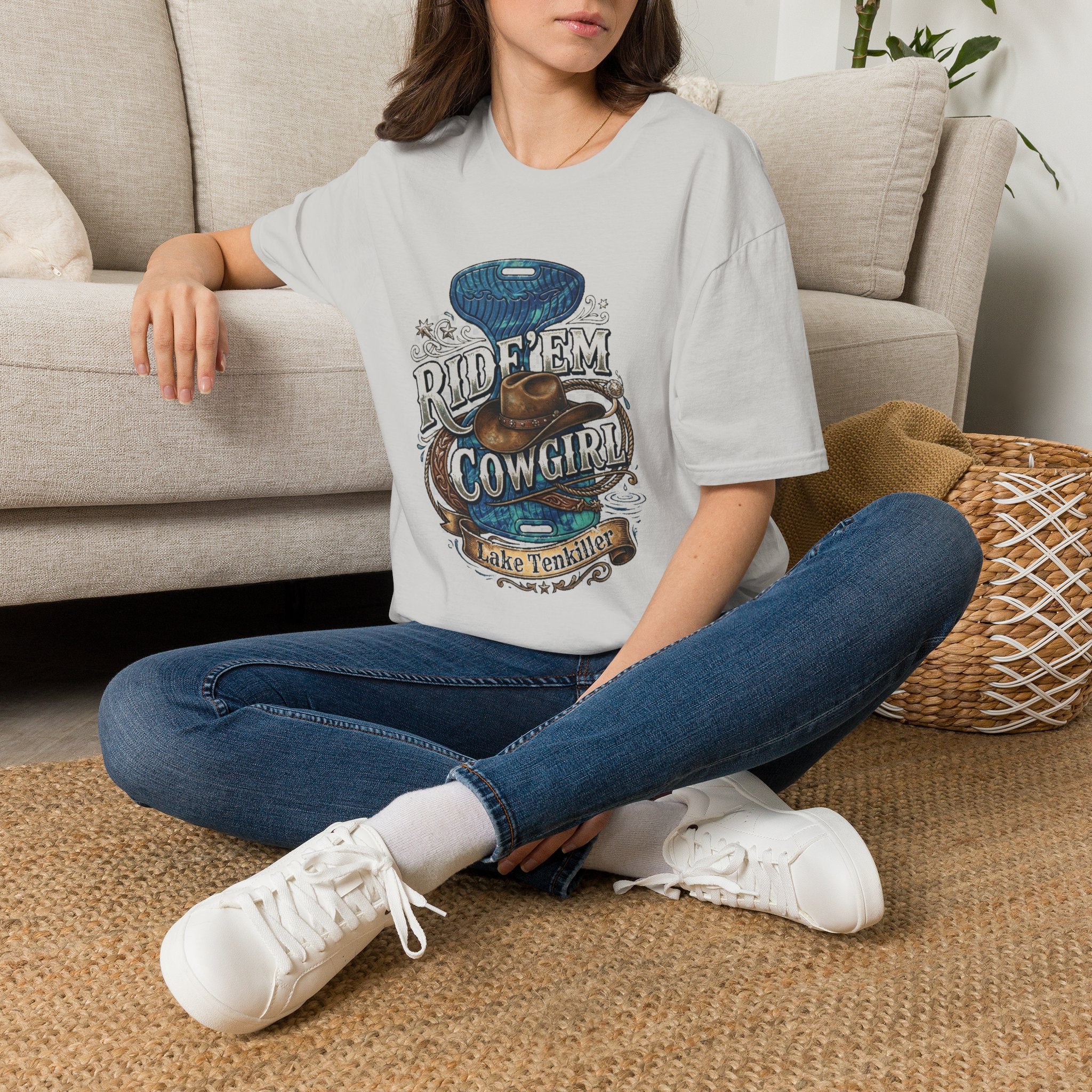 Cowgirl 'Ride 'Em' Water Saddle Graphic T-Shirt — Western Rodeo Cowboy Hat Design