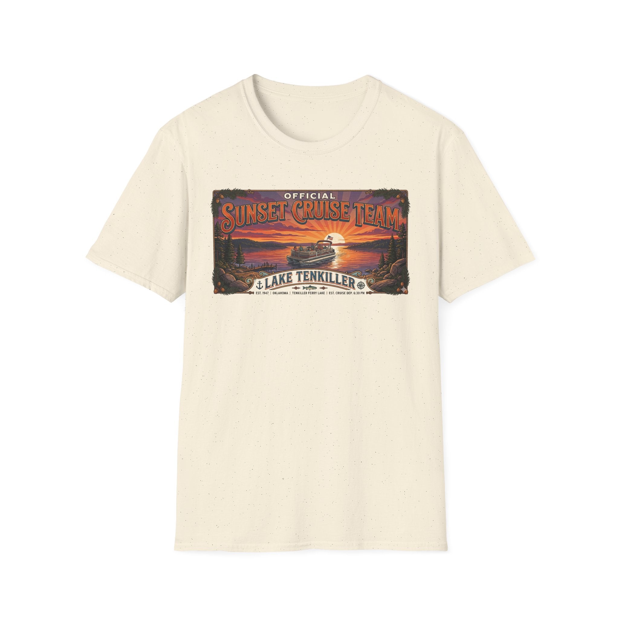 Sunset Cruise Team Lake Tenkiller T-Shirt — Retro Lake Sunset Boat Tee