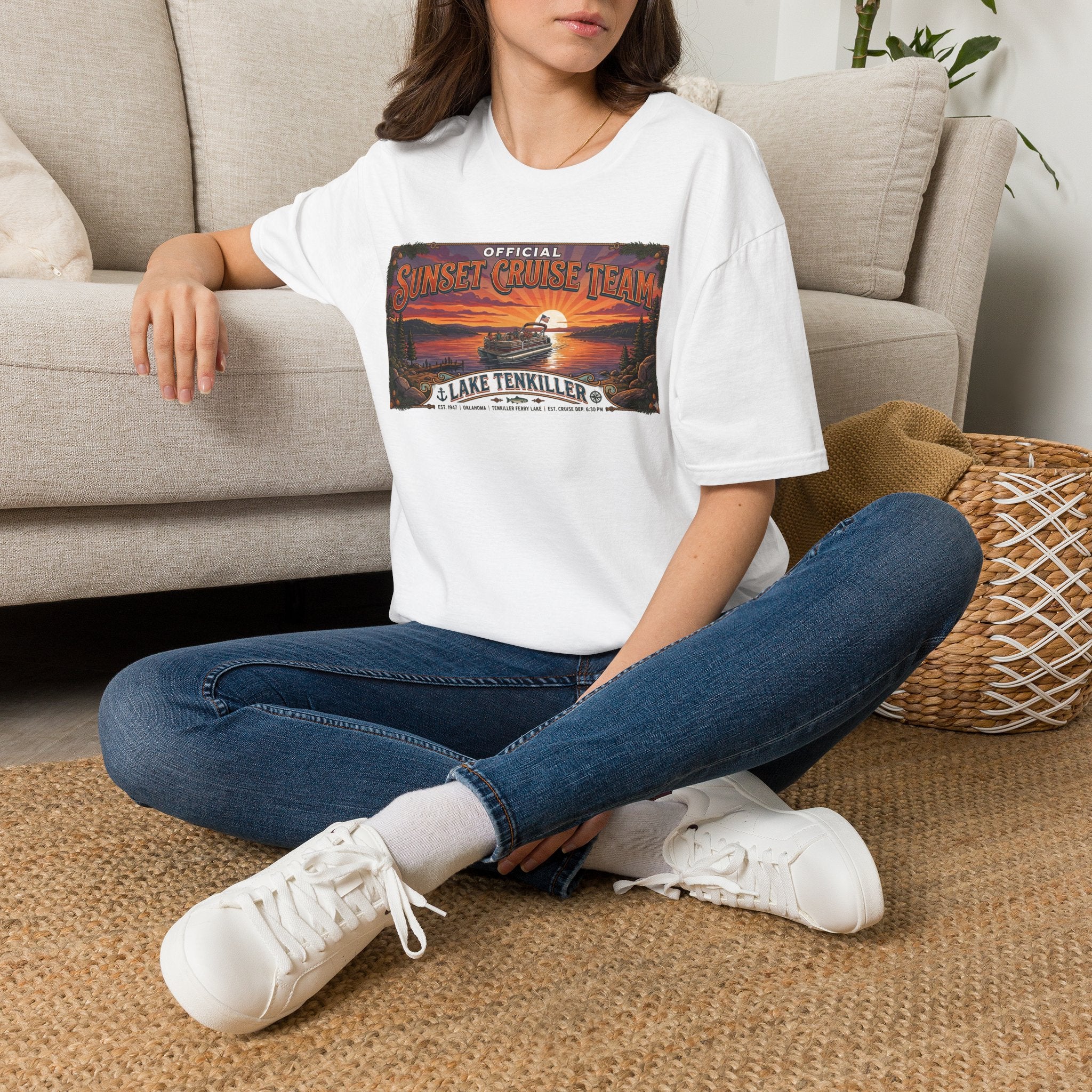 Sunset Cruise Team Lake Tenkiller T-Shirt — Retro Lake Sunset Boat Tee