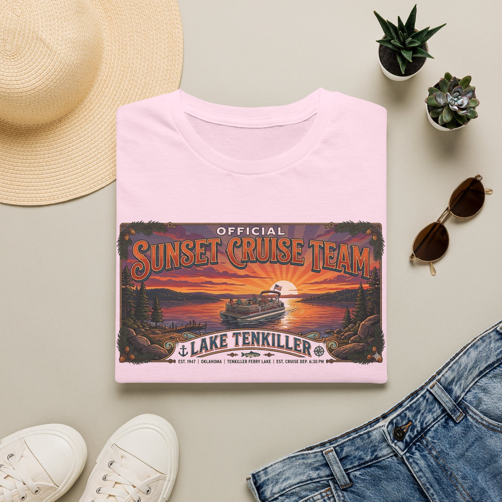 Sunset Cruise Team Lake Tenkiller T-Shirt — Retro Lake Sunset Boat Tee