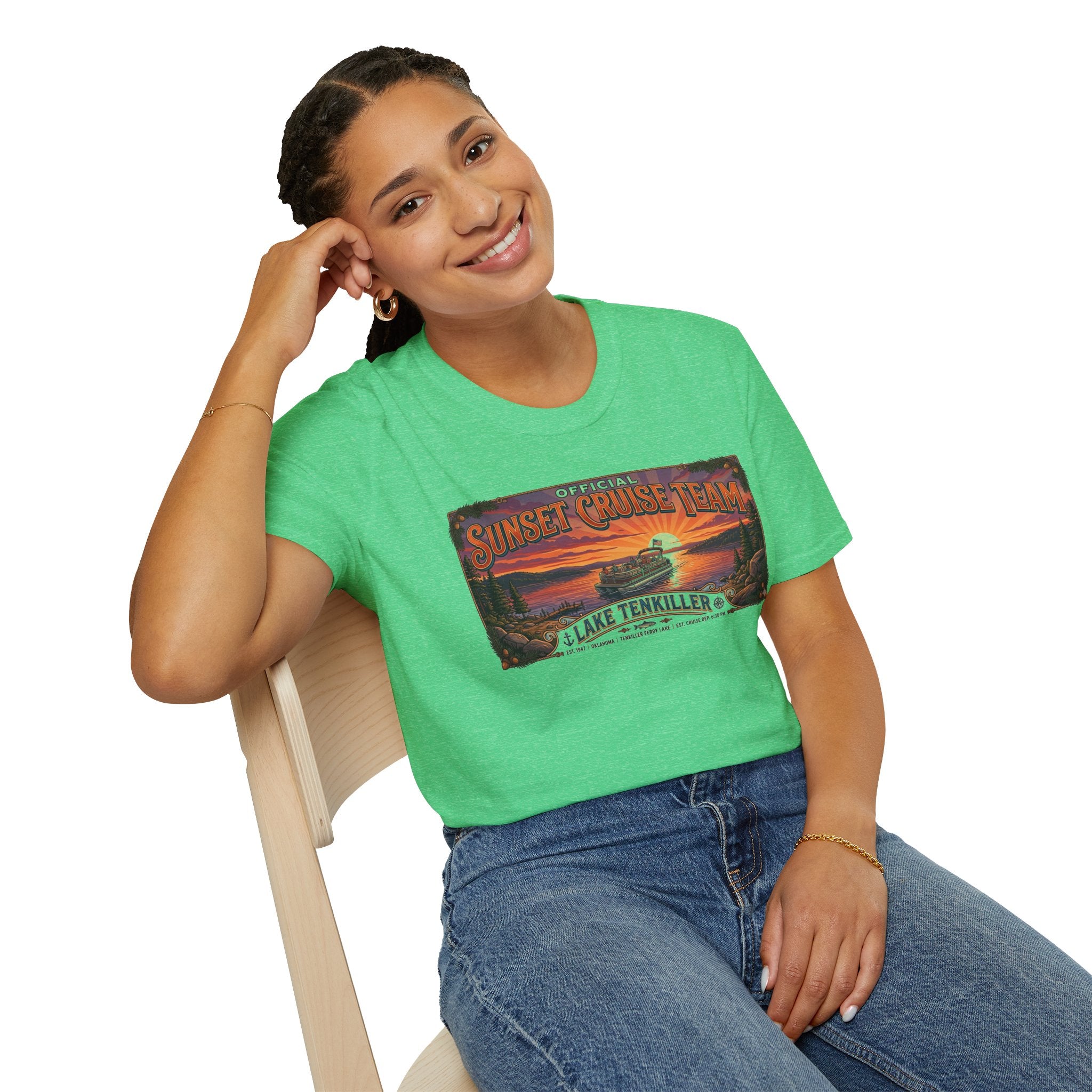 Sunset Cruise Team Lake Tenkiller T-Shirt — Retro Lake Sunset Boat Tee