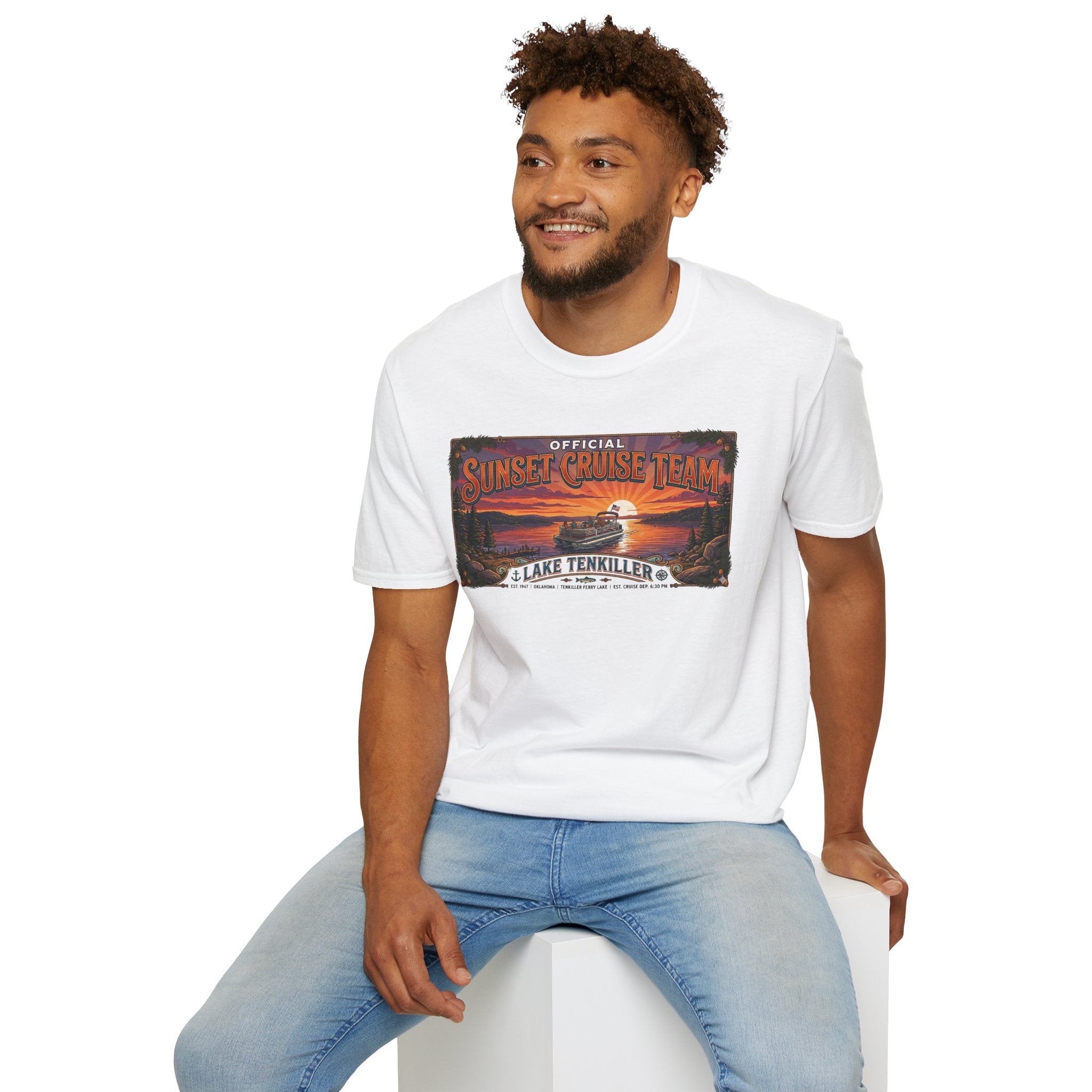 Sunset Cruise Team Lake Tenkiller T-Shirt — Retro Lake Sunset Boat Tee