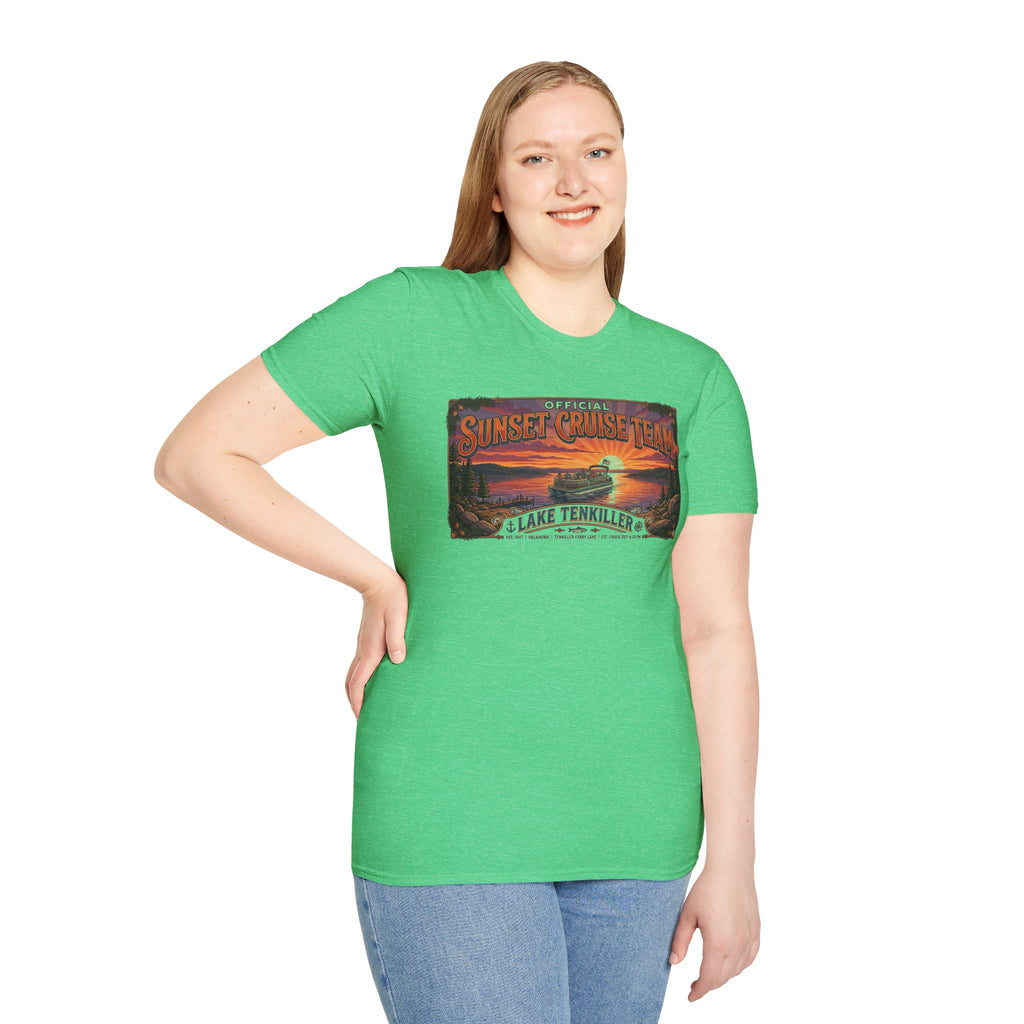 Sunset Cruise Team Lake Tenkiller T-Shirt — Retro Lake Sunset Boat Tee