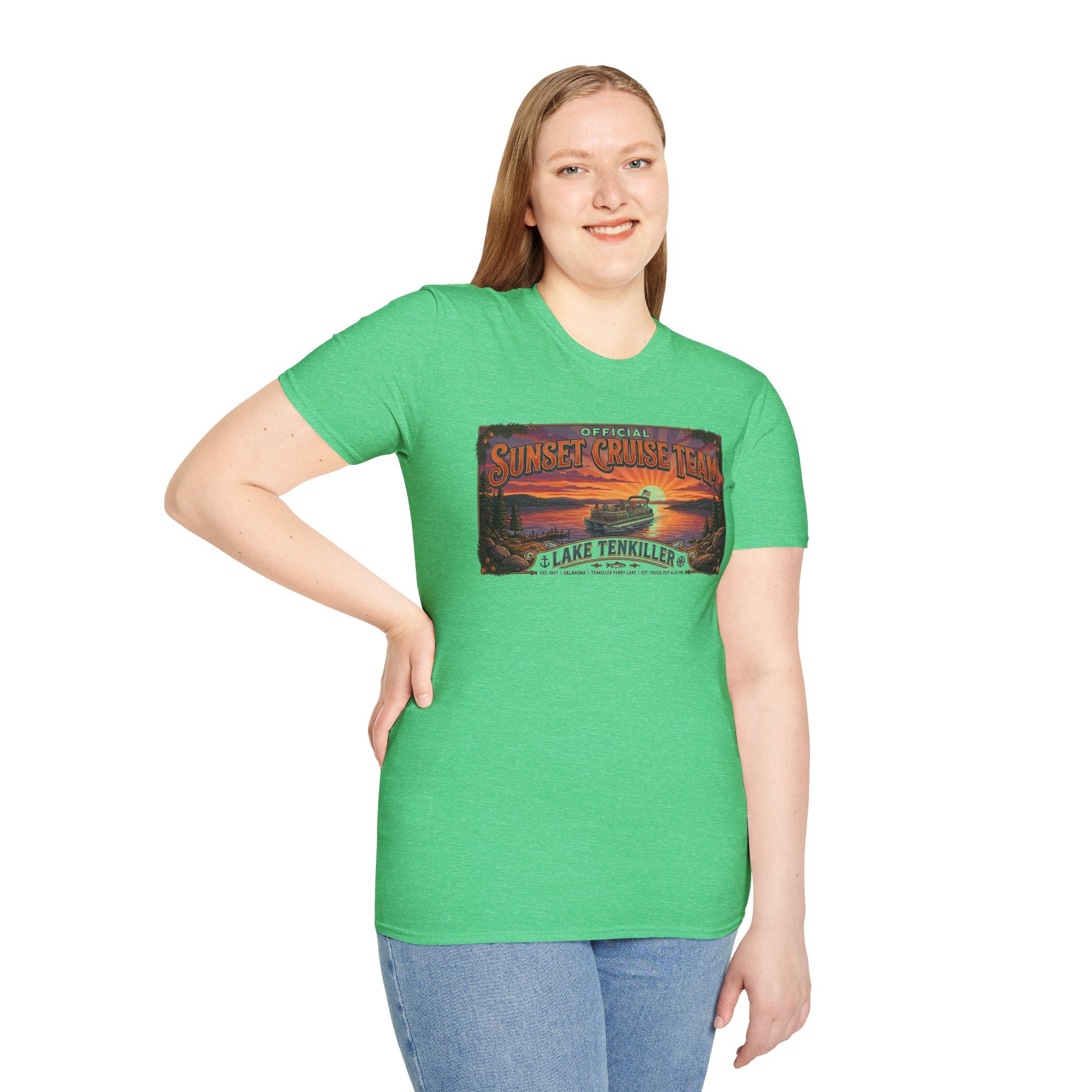 Sunset Cruise Team Lake Tenkiller T-Shirt — Retro Lake Sunset Boat Tee