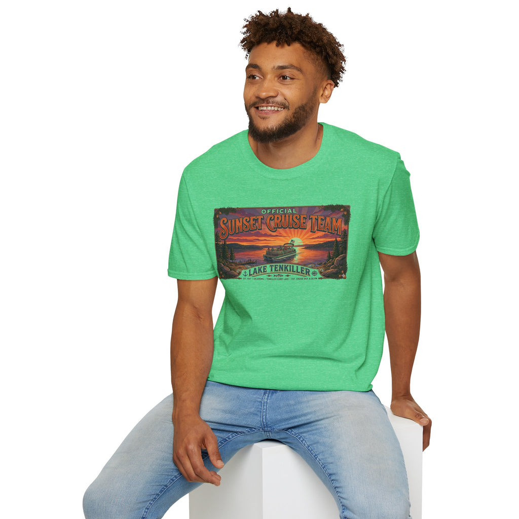 Sunset Cruise Team Lake Tenkiller T-Shirt — Retro Lake Sunset Boat Tee
