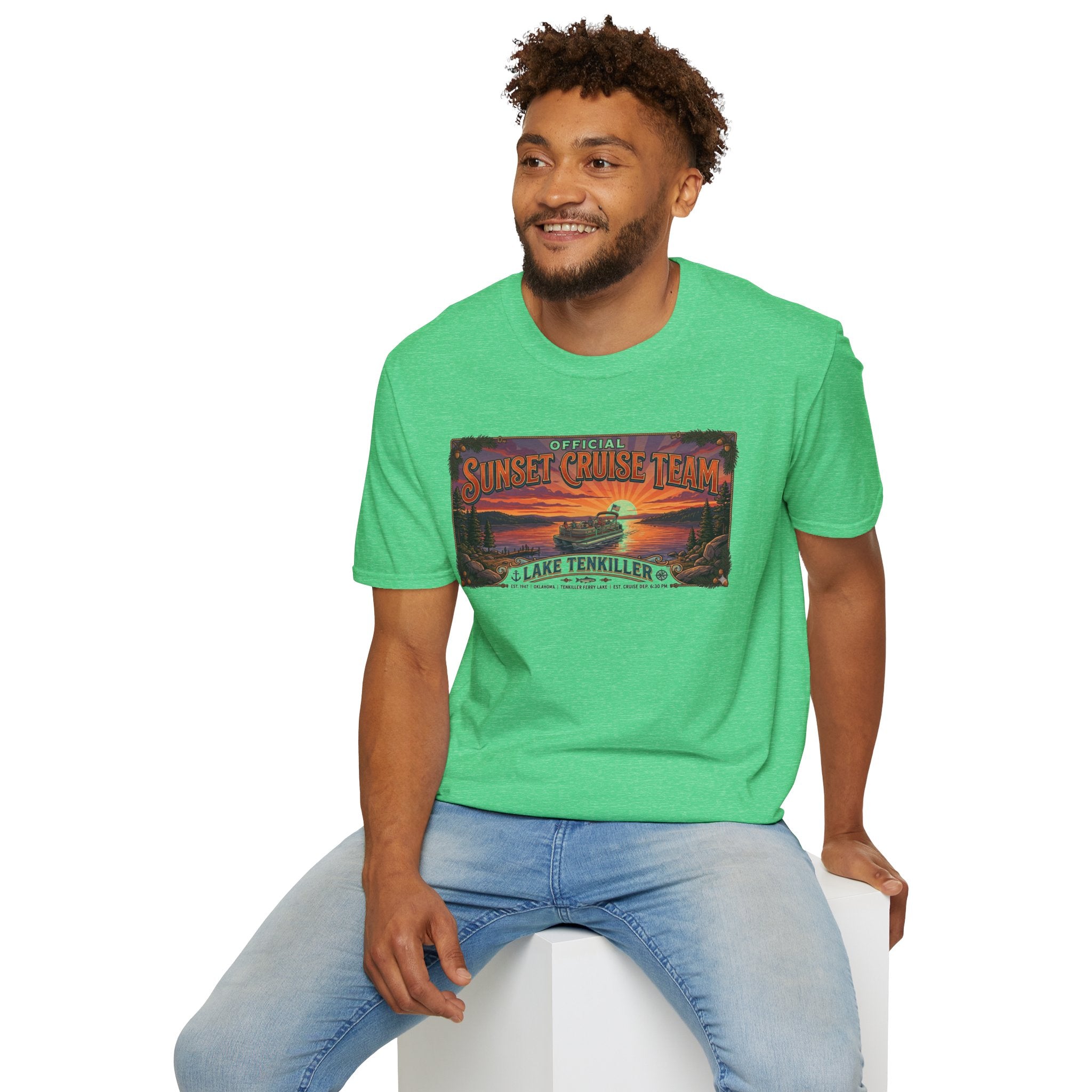 Sunset Cruise Team Lake Tenkiller T-Shirt — Retro Lake Sunset Boat Tee
