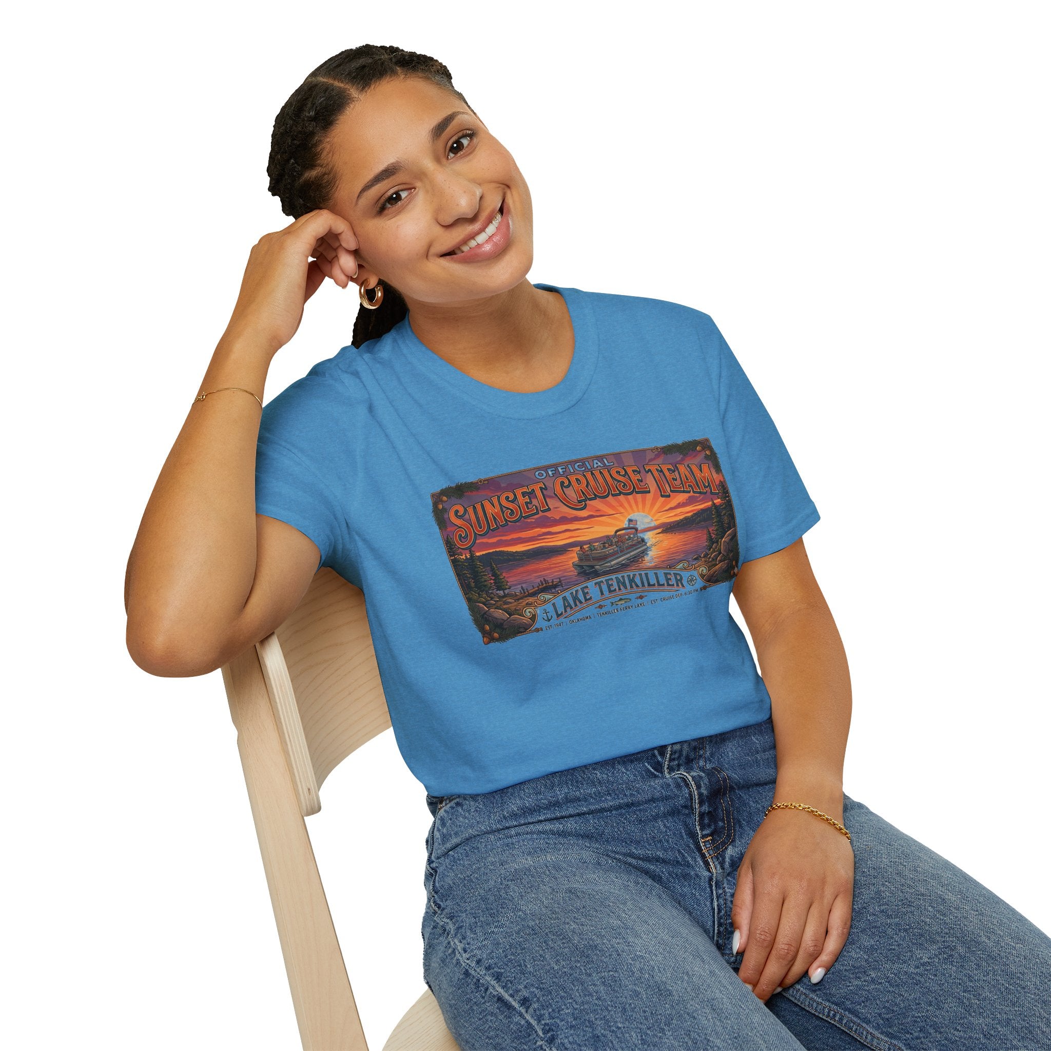 Sunset Cruise Team Lake Tenkiller T-Shirt — Retro Lake Sunset Boat Tee