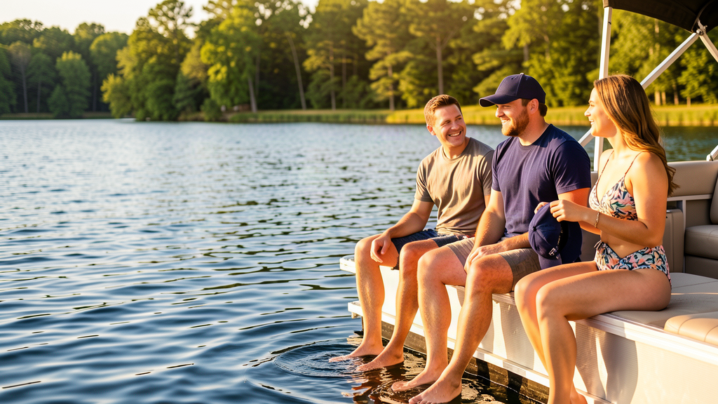 Friends on a pontoon boat at the lake in swimwear, navy cap and navy t-shirt, golden hour